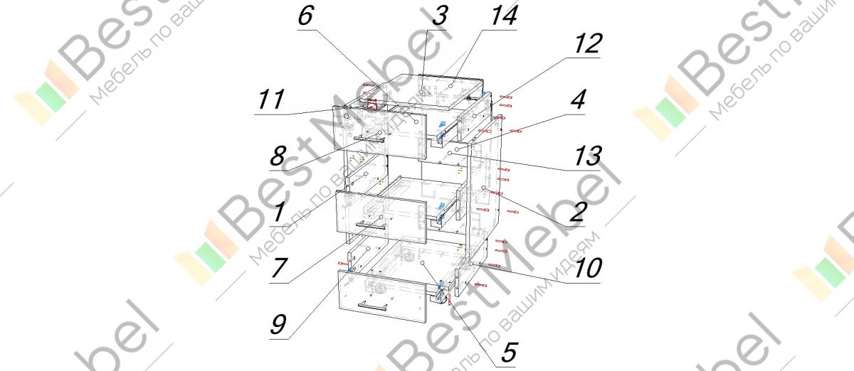 Схема сборки тумбы с выдвижными ящиками